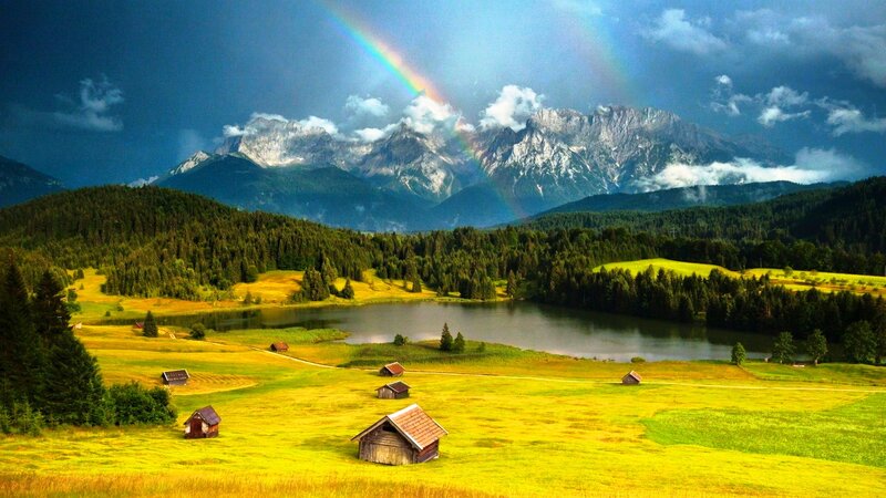 Mountain Lake Landscape — Green, Dramatic, Afternoon, Photograph, Rainbow