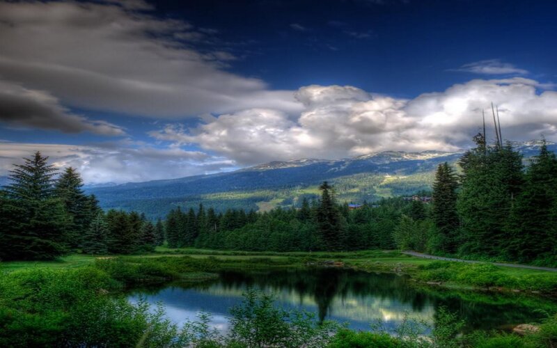 Mountain Lake Landscape — Green, Dramatic, Afternoon, Photograph, Trees, Clouds, Mountains, Road