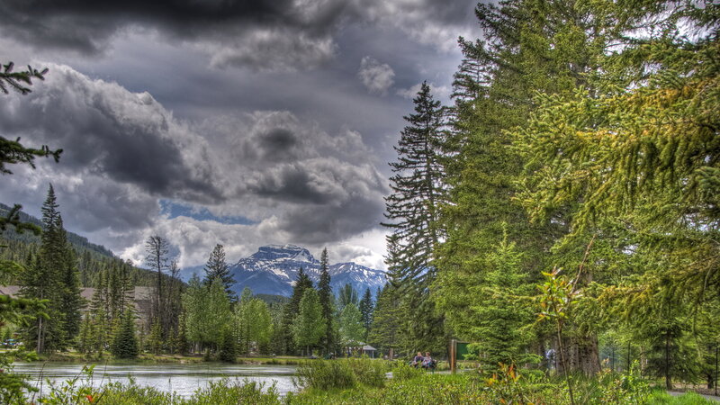 Mountain Lake Landscape — Green, Dramatic, Afternoon, Photograph, Trees, Clouds, Mountains