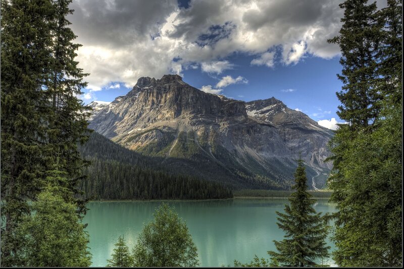 Mountain Lake Landscape — Green, Dramatic, Afternoon, Photograph, Trees, Clouds