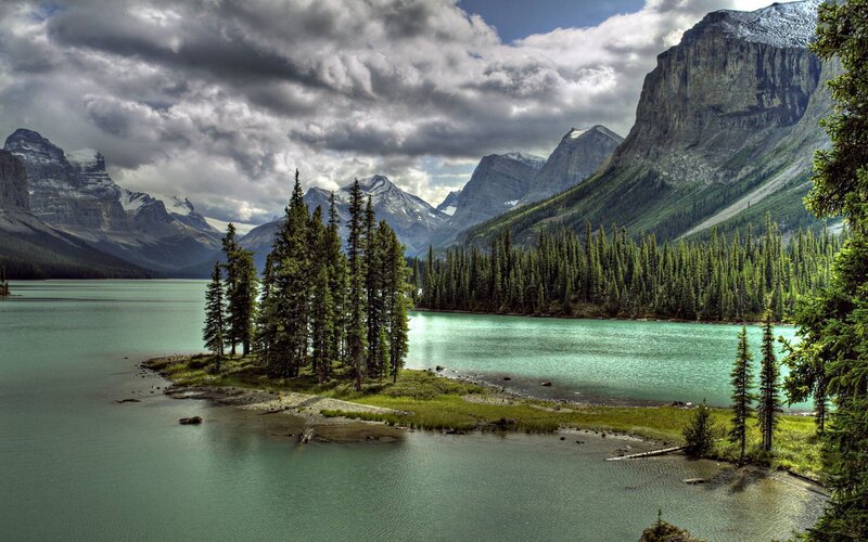 Mountain Lake Landscape — Green, Dramatic, Afternoon, Photograph, Trees, Mountains, Clouds, Blue, Gray