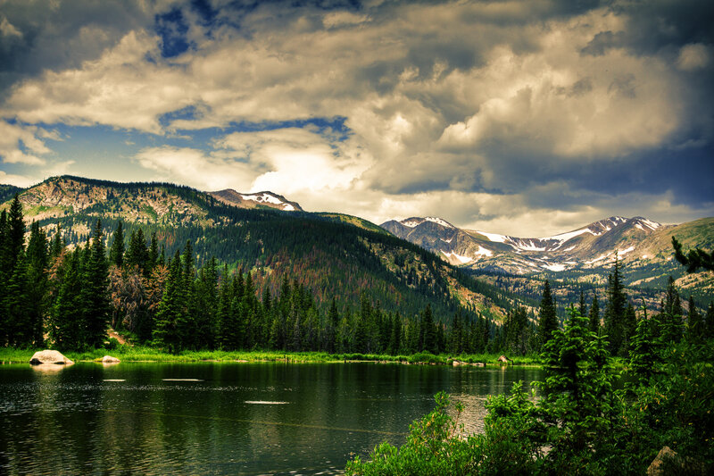 Mountain Lake Landscape — Green, Dramatic, Afternoon, Photograph, Trees, Mountains, Clouds