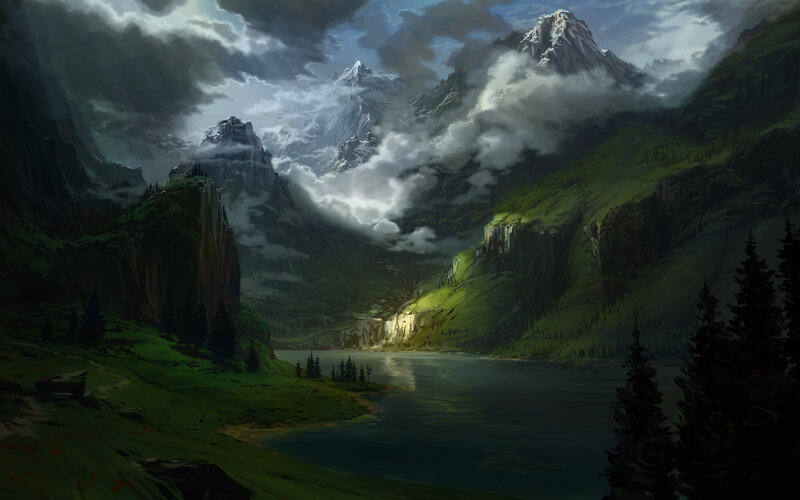 Mountain Lake Landscape — Green, Dramatic, Digital Art, Mountains