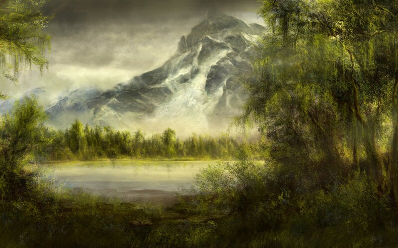 Mountain Lake Landscape — Green, Dramatic, Digital Art