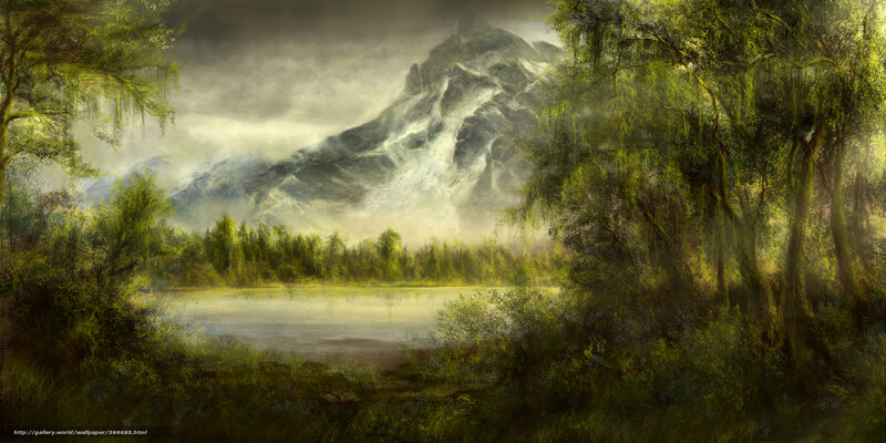 Mountain Lake Landscape — Green, Dramatic, Digital Art, Trees