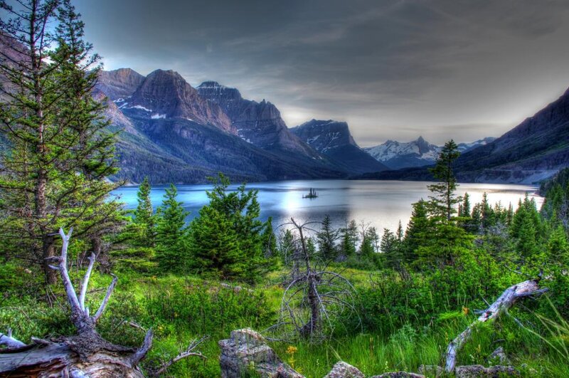 Mountain Lake Landscape — Green, Dramatic, Morning