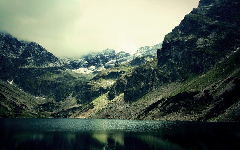 Mountain Lake Landscape — Green, Dramatic, Photograph, Mountains, Clouds