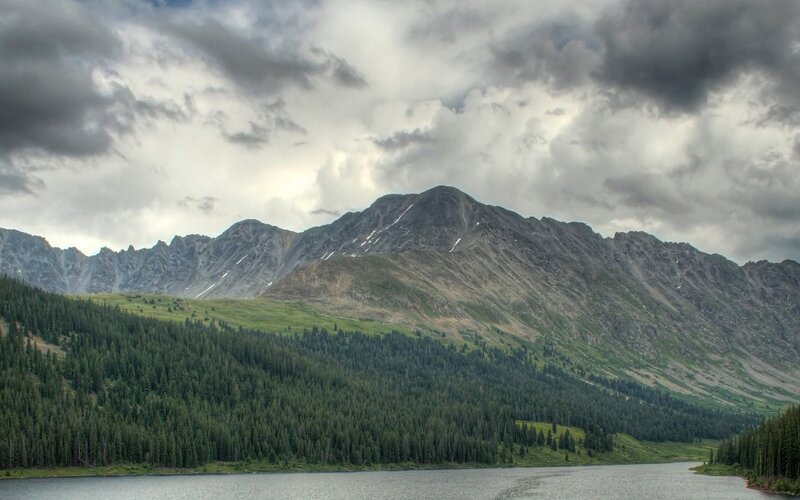 Mountain Lake Landscape — Green, Dramatic, Photograph, Mountains, Forest, Gray
