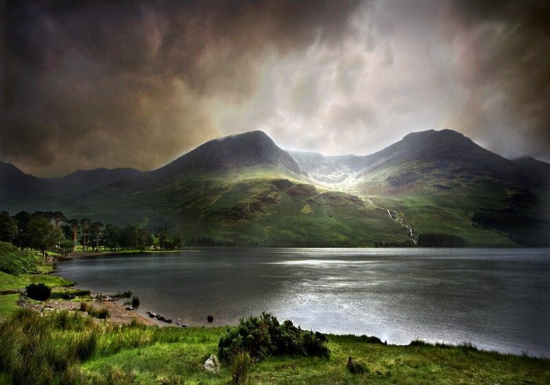 Mountain Lake Landscape — Green, Dramatic, Photograph, Mountains, Trees, Clouds, Gray