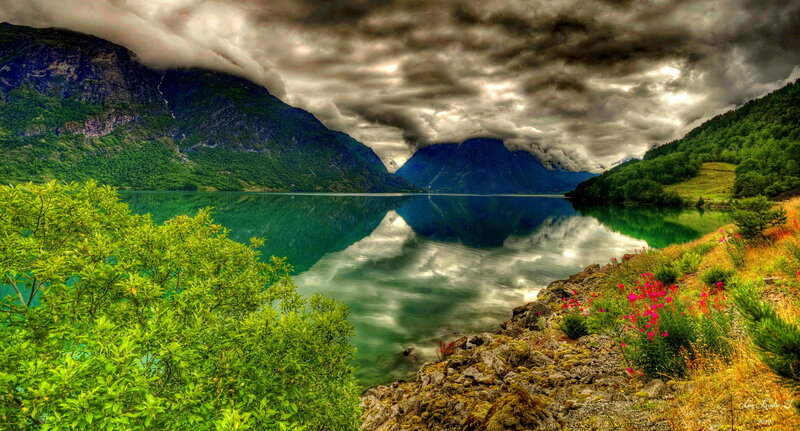 Mountain Lake Landscape — Green, Dramatic, Photograph, Mountains, Trees, Clouds