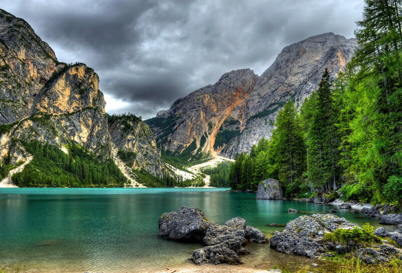 Mountain Lake Landscape — Green, Dramatic, Photograph, Mountains, Trees, Rocks
