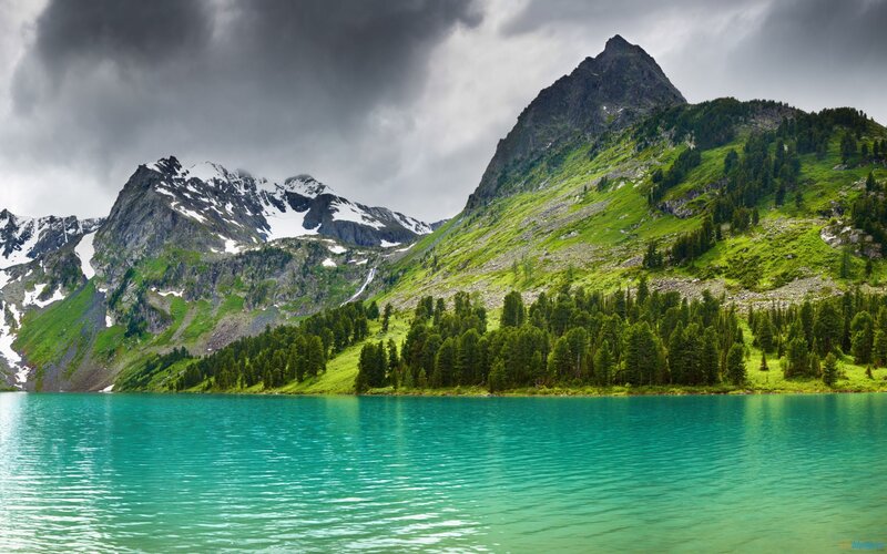 Mountain Lake Landscape — Green, Dramatic, Photograph, Mountains, Trees
