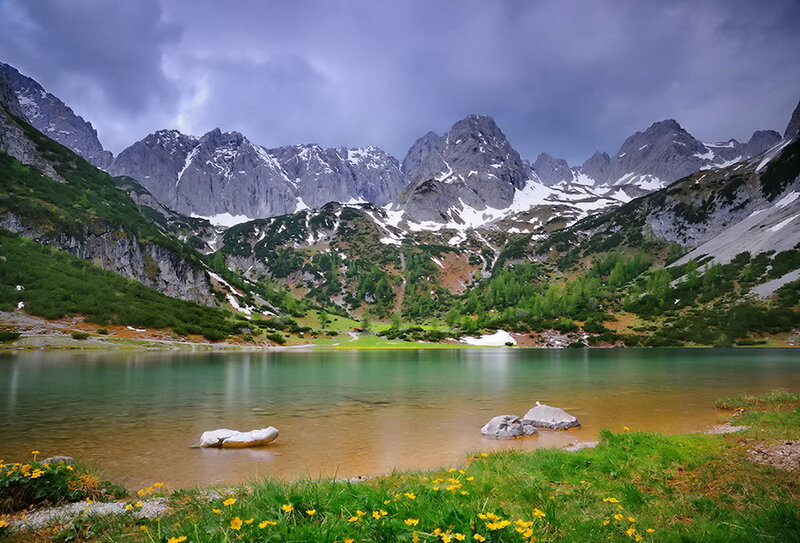 Mountain Lake Landscape — Green, Dramatic, Spring