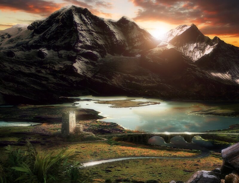 Mountain Lake Landscape — Green, Dramatic, Sunset, Digital Art, Castle