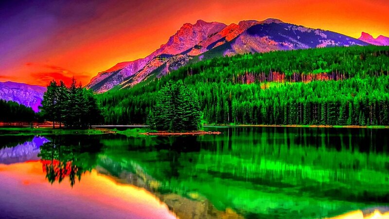 Mountain Lake Landscape — Green, Dramatic, Sunset, Digital Art, Forest, Mountains