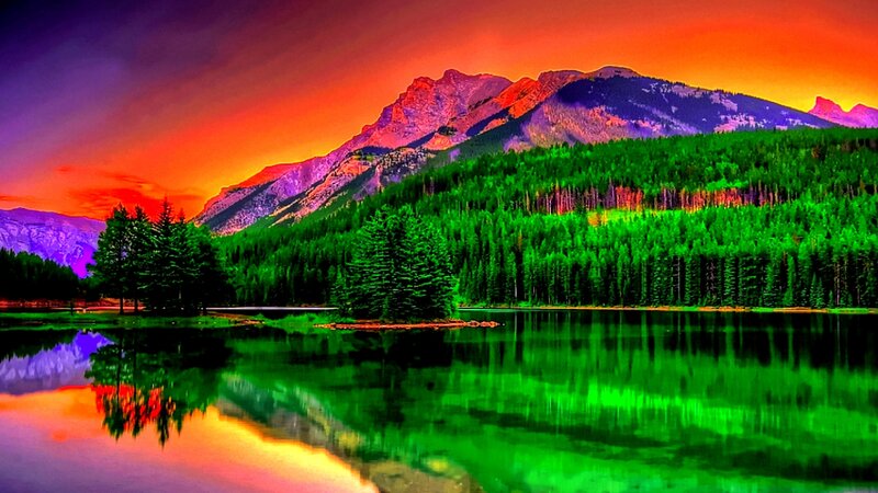 Mountain Lake Landscape — Green, Dramatic, Sunset, Digital Art, Forest