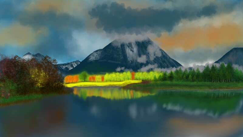 Mountain Lake Landscape — Green, Dramatic, Sunset, Digital Art, Mountains