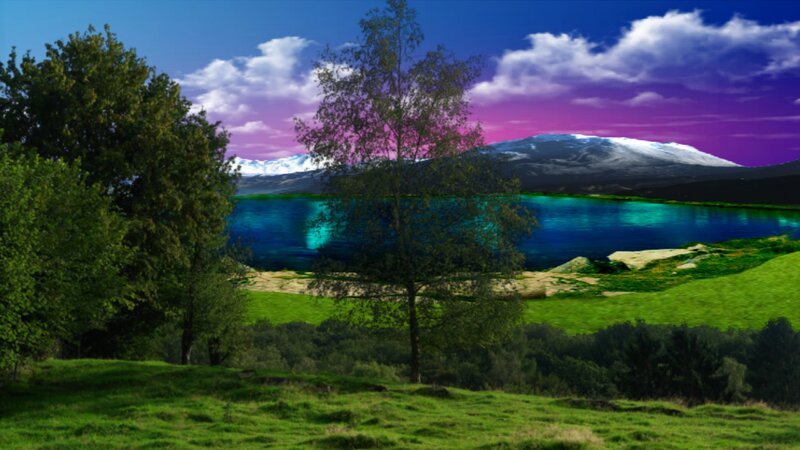 Mountain Lake Landscape — Green, Dramatic, Sunset, Digital Art, Trees