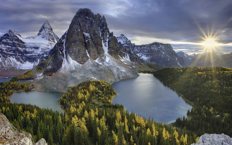 Mountain Lake Landscape — Green, Dramatic, Sunset, Photograph, Mountains, Forest