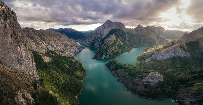 Mountain Lake Landscape — Green, Dramatic, Sunset, Photograph, Mountains, River, Clouds