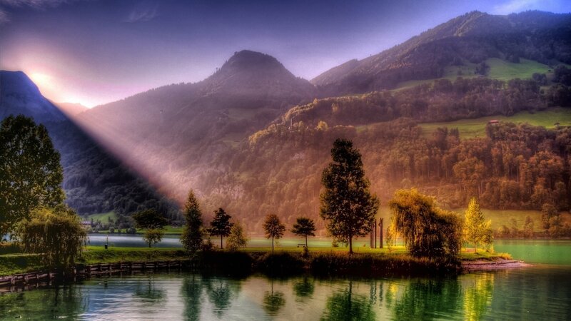 Mountain Lake Landscape — Green, Dramatic, Sunset, Photograph, Trees, Mountains, Sunlight