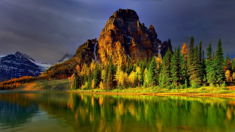Mountain Lake Landscape — Green, Dramatic, Sunset, Photograph, Trees, Mountains