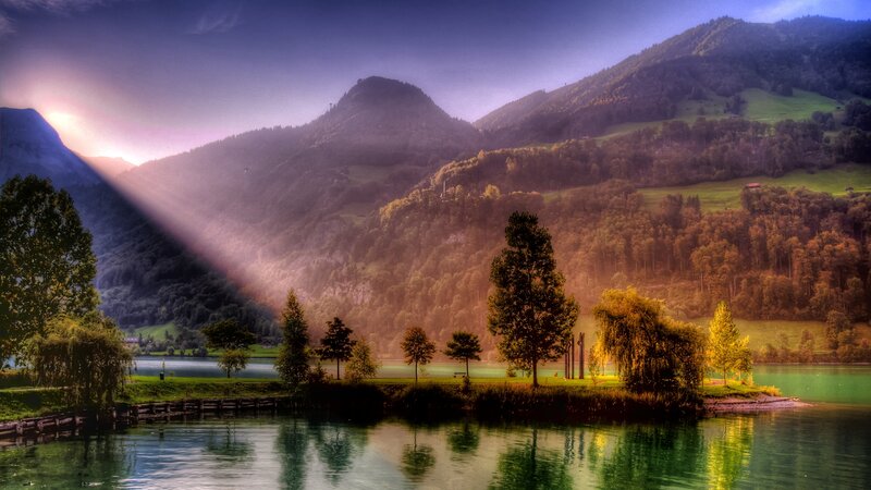 Mountain Lake Landscape — Green, Dramatic, Sunset