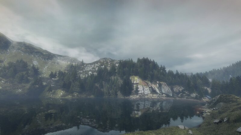 Mountain Lake Landscape — Green, Overcast, 3d Render