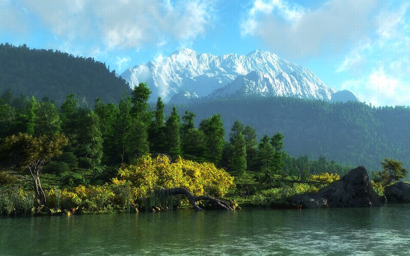 Mountain Lake Landscape — Green, Serene, Afternoon, 3d Render, Trees