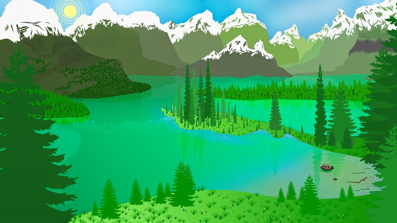 Mountain Lake Landscape — Green, Serene, Afternoon, Digital Art, Mountains