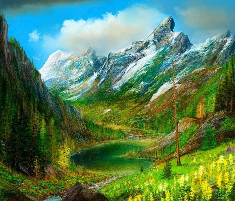 Mountain Lake Landscape — Green, Serene, Afternoon, Painting, Snow-capped Peaks