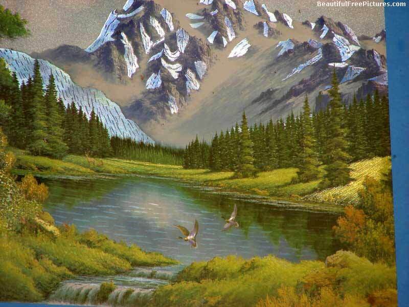 Mountain Lake Landscape — Green, Serene, Afternoon, Painting