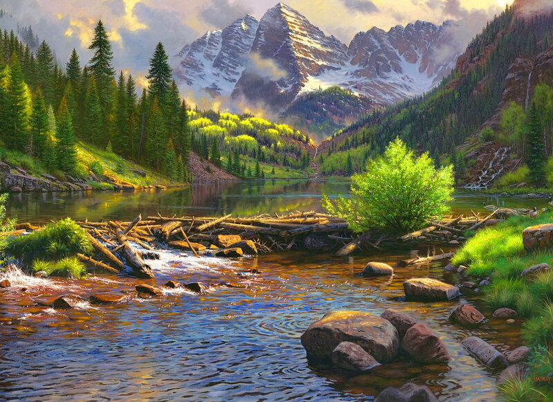 Mountain Lake Landscape — Green, Serene, Afternoon, Painting, Trees, River
