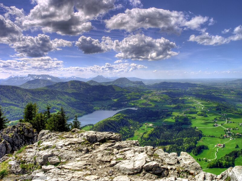 Mountain Lake Landscape — Green, Serene, Afternoon, Photograph, Clouds