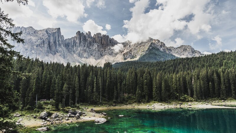 Mountain Lake Landscape — Green, Serene, Afternoon, Photograph, Forest, Mountains, Clouds
