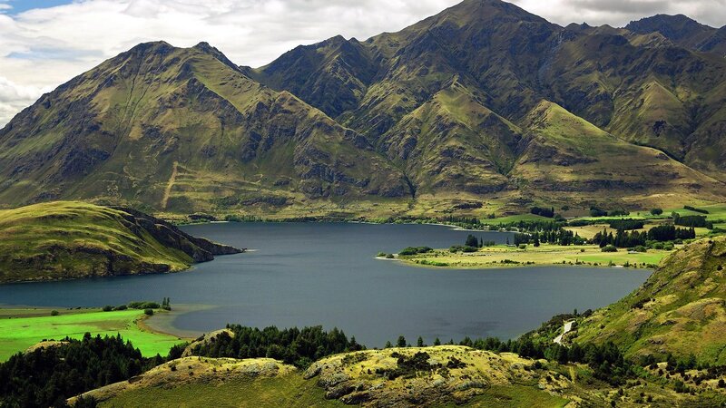 Mountain Lake Landscape — Green, Serene, Afternoon, Photograph, Mountains, Fields, Trees