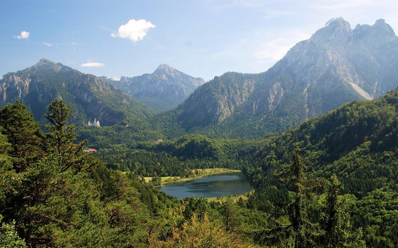 Mountain Lake Landscape — Green, Serene, Afternoon, Photograph, Mountains, Forest, Castle