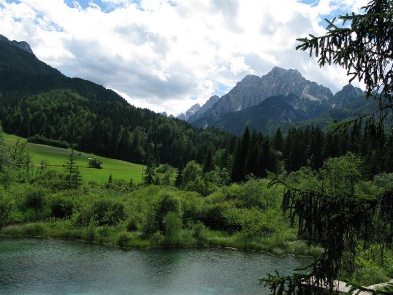 Mountain Lake Landscape — Green, Serene, Afternoon, Photograph, Mountains, Forest, Clouds, Blue, Gray