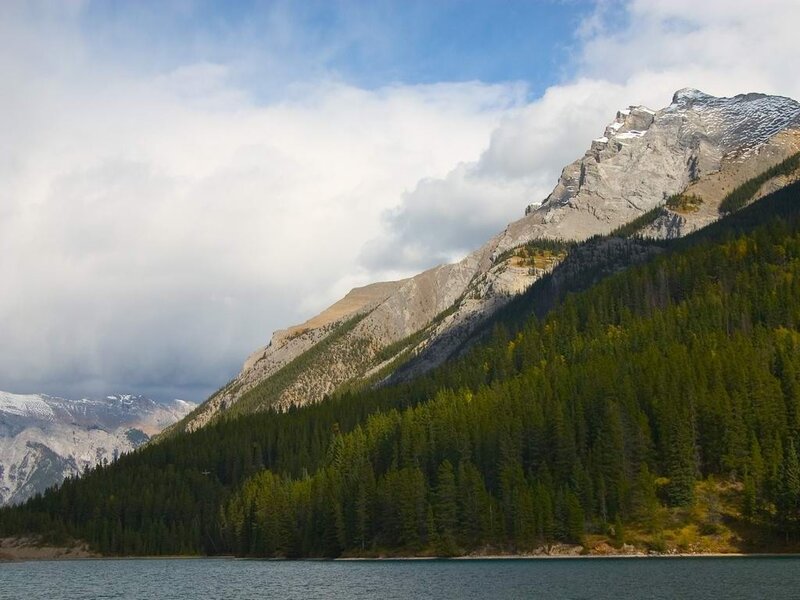 Mountain Lake Landscape — Green, Serene, Afternoon, Photograph, Mountains, Forest, Clouds, Blue
