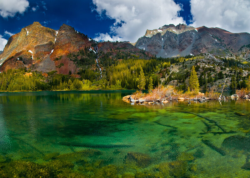 Mountain Lake Landscape — Green, Serene, Afternoon, Photograph, Mountains, Forest, Clouds