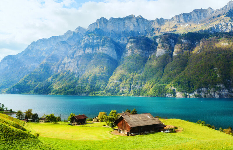 Mountain Lake Landscape — Green, Serene, Afternoon, Photograph, Mountains, Huts