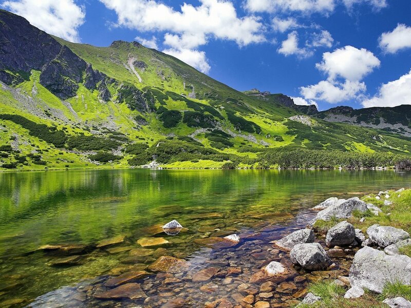 Mountain Lake Landscape — Green, Serene, Afternoon, Photograph, Mountains, Rocks, Sky, Blue