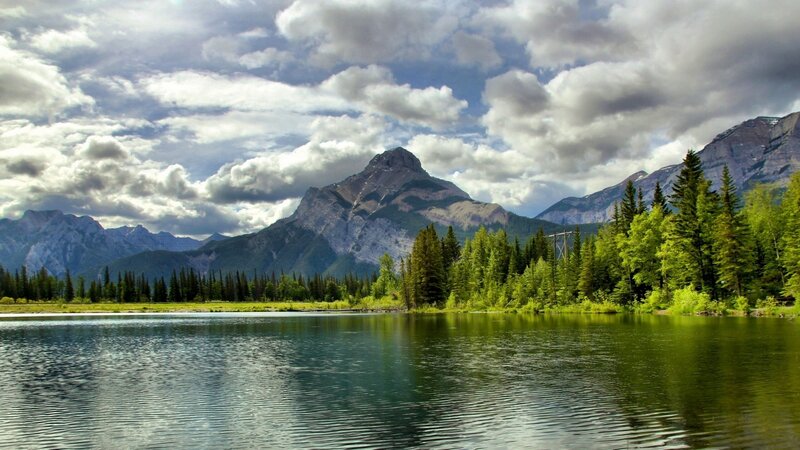 Mountain Lake Landscape — Green, Serene, Afternoon, Photograph, Mountains, Trees, Clouds