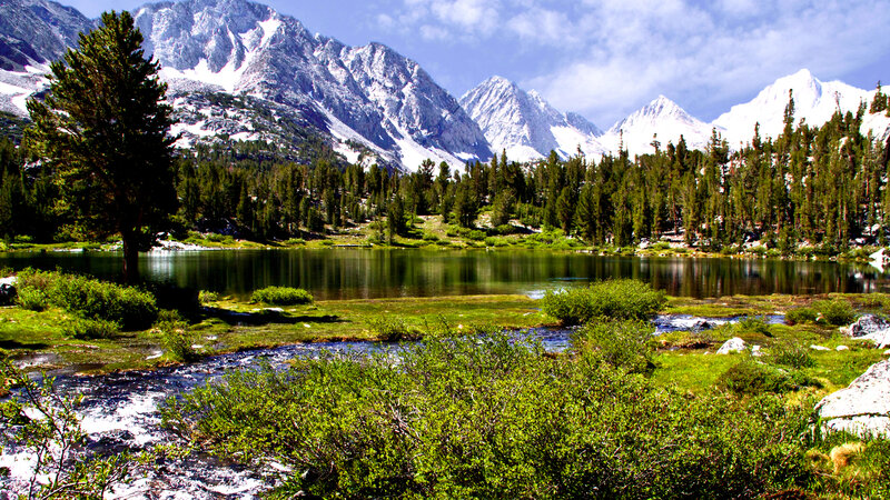 Mountain Lake Landscape — Green, Serene, Afternoon, Photograph, Snow-capped Mountains, Forest