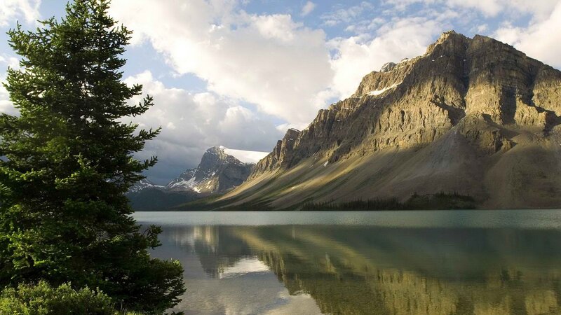 Mountain Lake Landscape — Green, Serene, Afternoon, Photograph, Tree, Clouds, Blue, Brown
