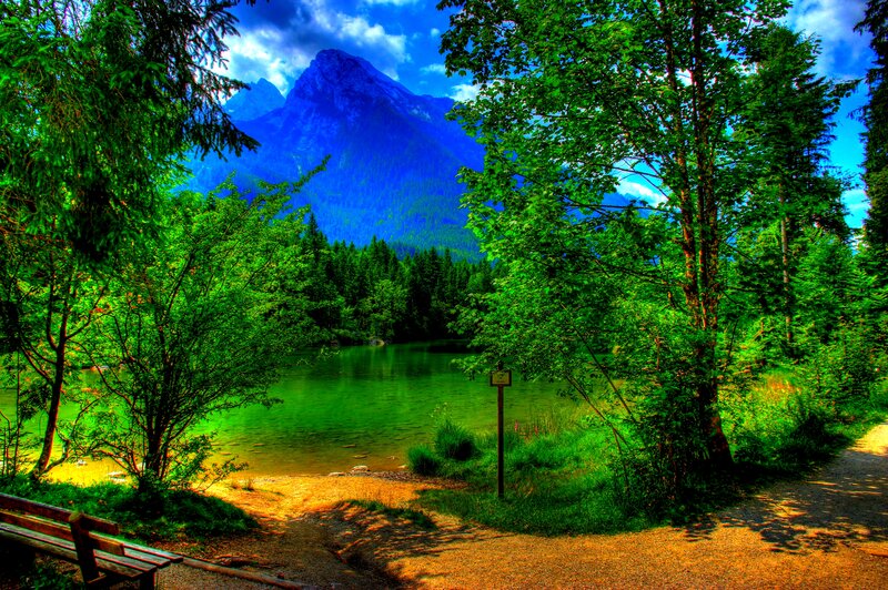 Mountain Lake Landscape — Green, Serene, Afternoon, Photograph, Trees, Bench