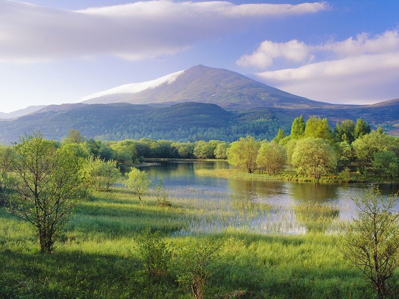 Mountain Lake Landscape — Green, Serene, Afternoon, Photograph, Trees, Grass, Blue