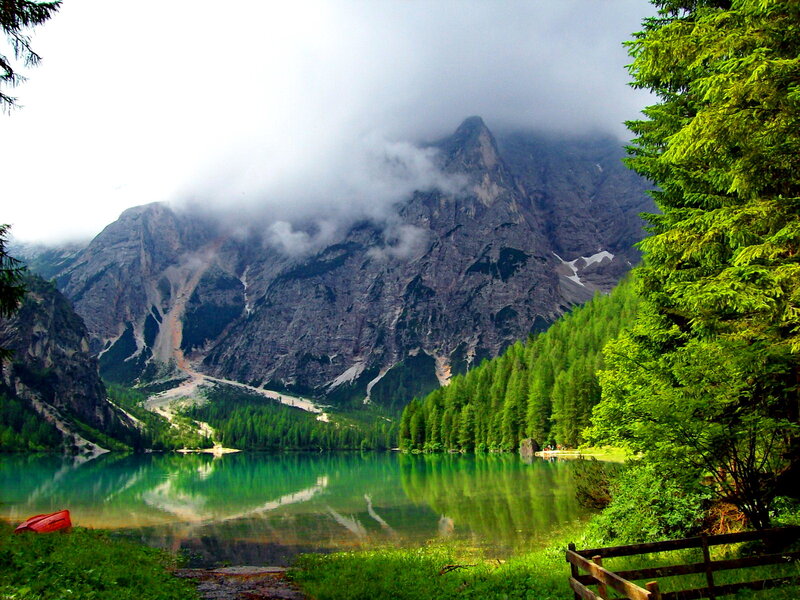 Mountain Lake Landscape — Green, Serene, Afternoon, Photograph, Trees, Mountains, Canoe