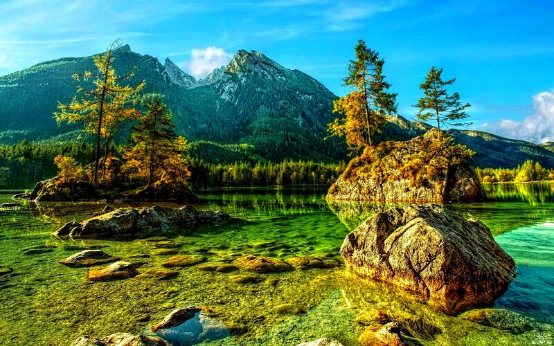 Mountain Lake Landscape — Green, Serene, Afternoon, Photograph, Trees, Rocks