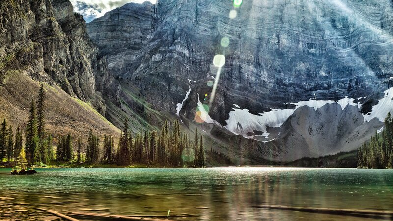 Mountain Lake Landscape — Green, Serene, Afternoon, Photograph, Trees, Snow